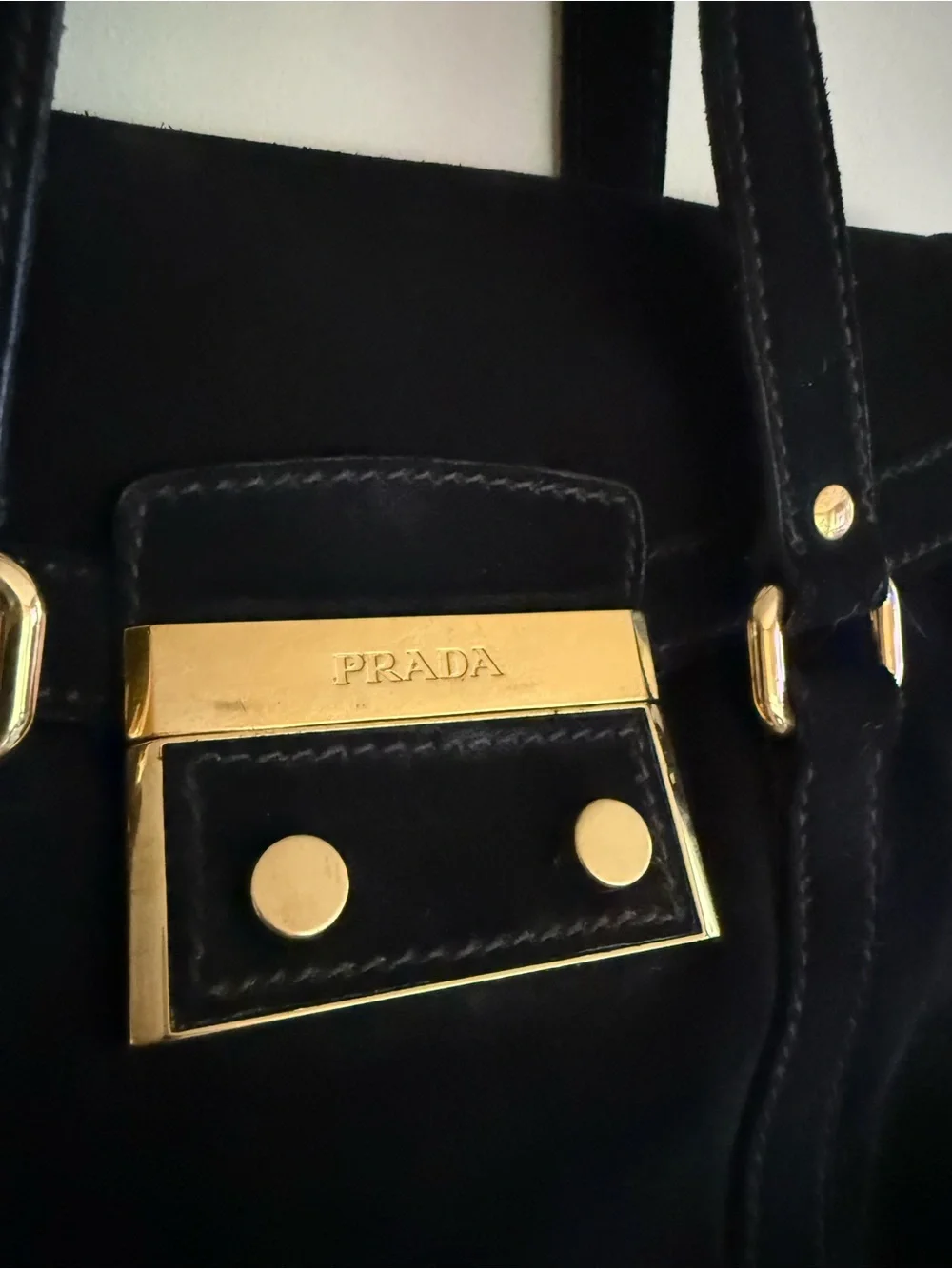 Prada Black Suede Tote Bag with Gold Hardware